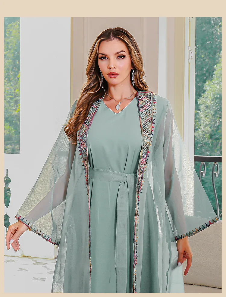 Muslimisches zweiteiliges Kleid, orientalische Kleidung, besticktes Netz, langes Kleid, Abaya, elegante Damenrobe