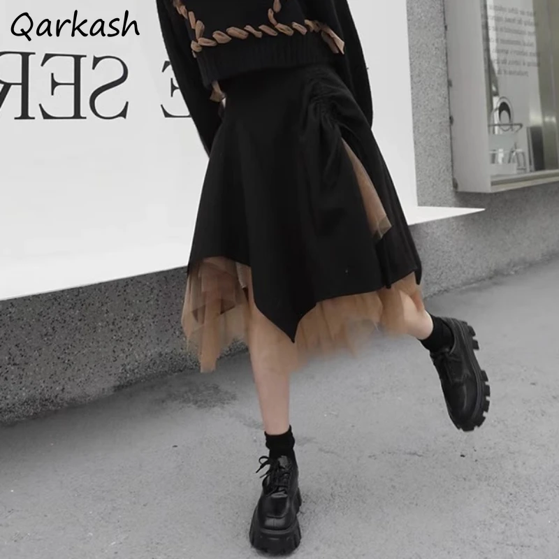 Midi Skirt Double Layer Mesh Vintage Ball Gown Irregular Bottom Lace-up Trendy Korean-style All-match Autumn New Hotsweet Girls