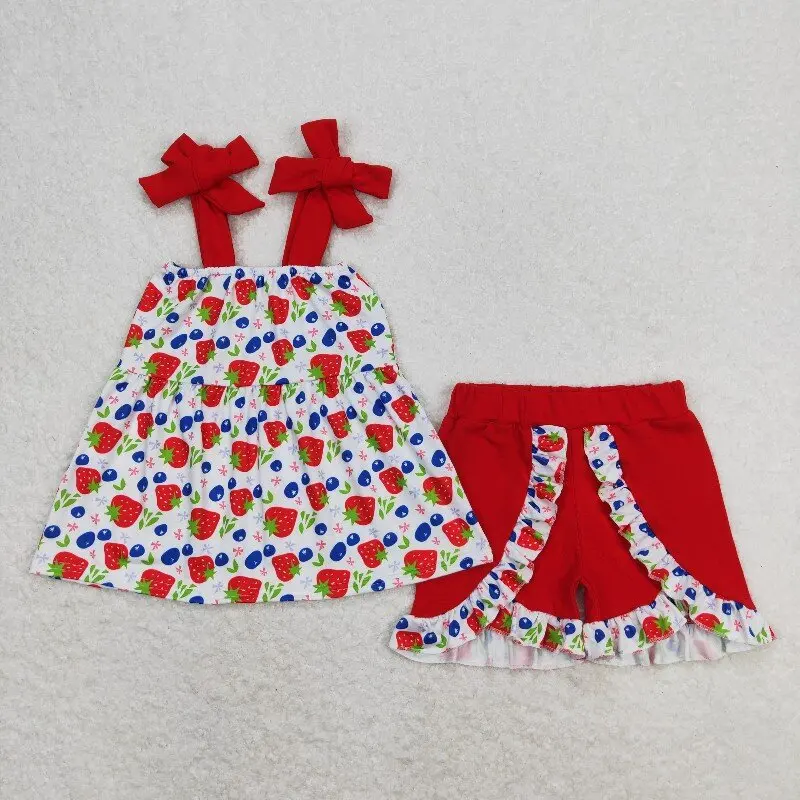 

X12.13 GSSO0712 High-quality strawberry pattern suspender red shorts set for baby girls