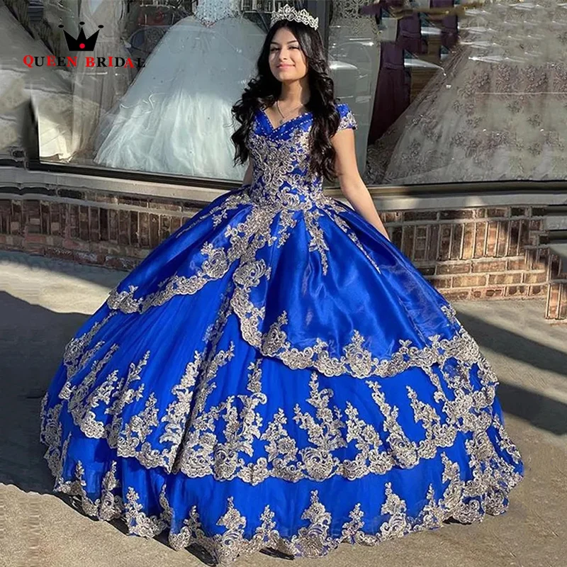 Vintage vestido de quinceañera 2023 Royal Blue V-Neck Ball Gowns Gold Appliques Sweet 16 vestidos de 15 años Custom Made LJ63