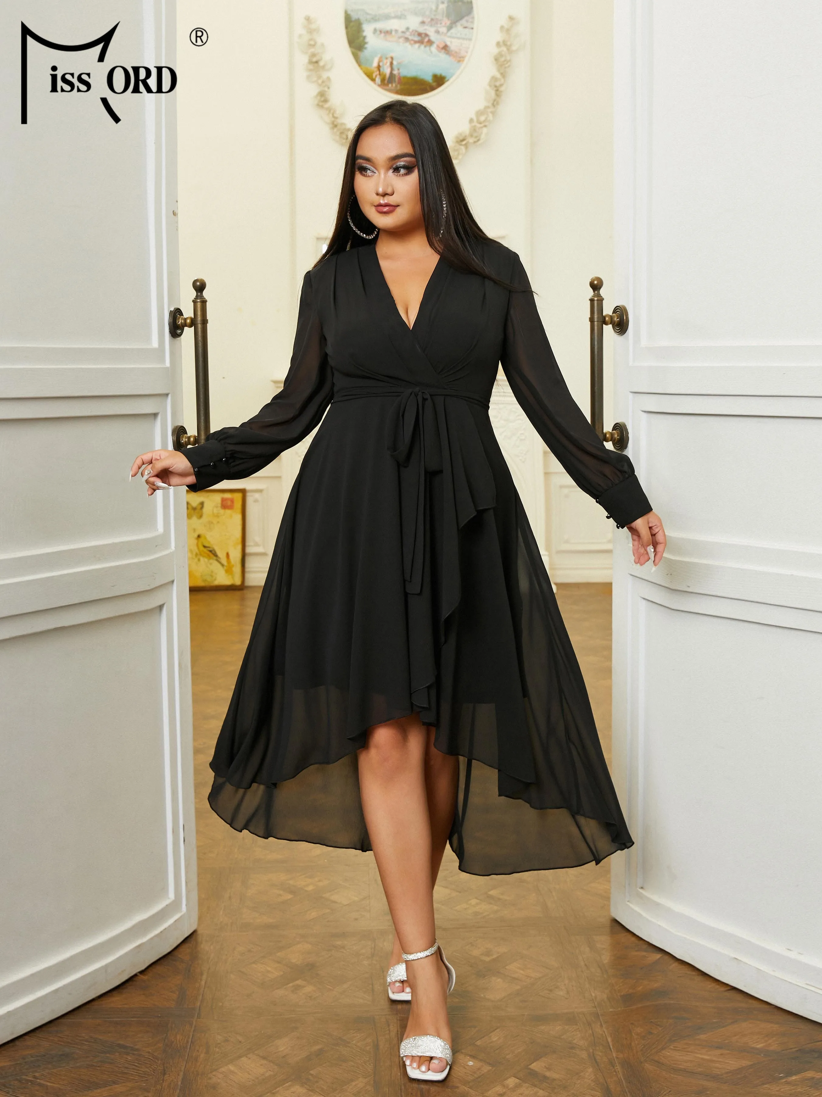 Missord New Plus Size nero scollo A V manica lunga A Line Prom Midi abiti per occasioni formali