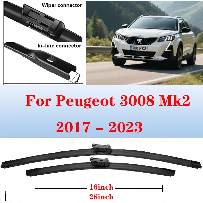 

Wiper Front Wiper Blades Set For Peugeot 3008 Mk2 2023 2022 2021 2020 2019 2018 2017 Windshield Windscreen Window Brush 28"+16"