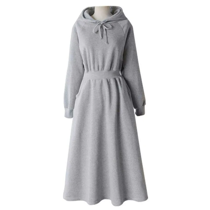 Women Autumn Winter Solid Color Maxi DressElastic Waist Slim‑Fit Long Dress Casual Student Plus‑Size Ladies Dresses