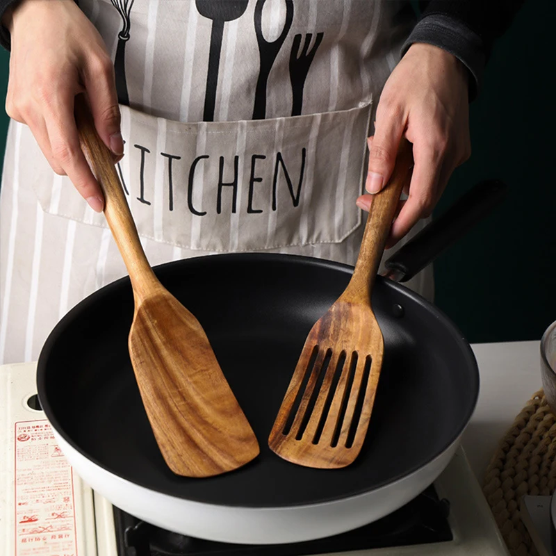 2Pcs Teak Wooden Spatula Set Non-Stick Cooking Utensils Long Handle Heat Resistant Kitchen Turner