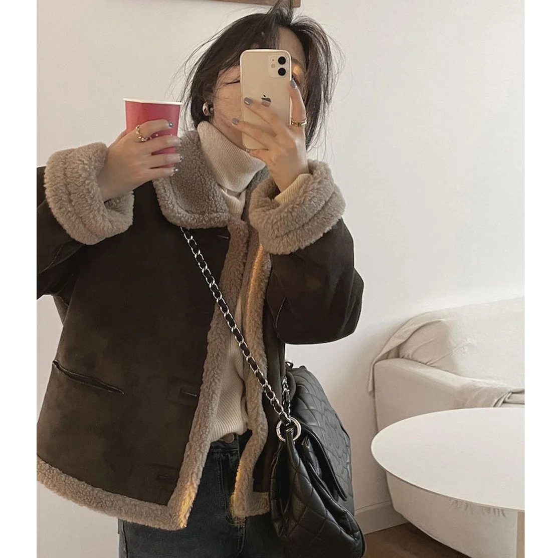 Cappotto ort retrò autunno inverno Pelliccia calda Colletto in pelle Bottone singolo Versatile Jaet in fibra di poliestere da donna