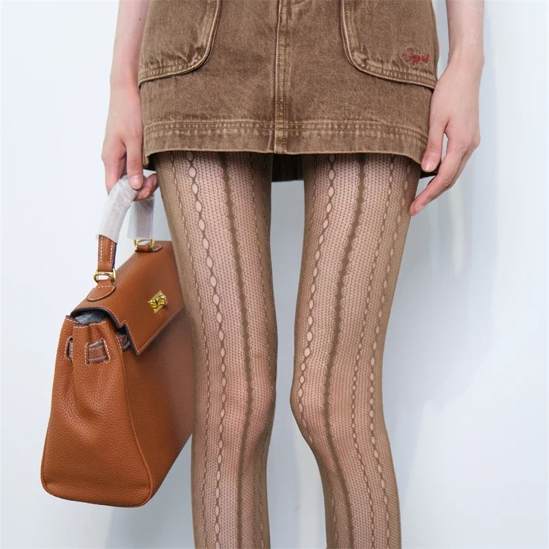 Women Chain Hollowed-out Tights Black See Through Jacquard American Retro Style Mesh Breathable Lace Fishnet Pantyhose Women