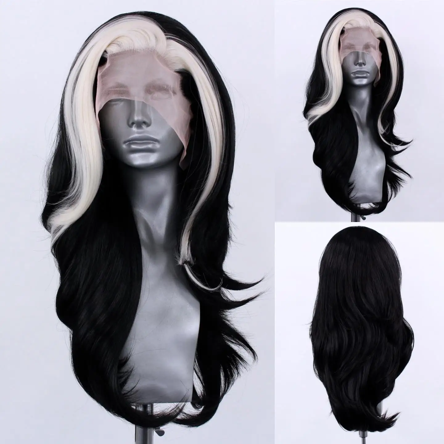 

Long Wavy White Highlights Black Lace Front Wig For Women Synthetic Hair Wigs Glueless Soft 180%Density Preplucked Cosplay