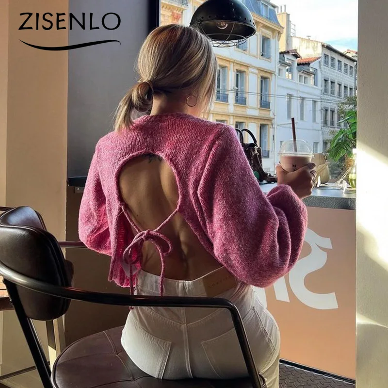 Suéter de manga larga con cuello redondo para mujer, suéter Sexy con tirantes y espalda descubierta, sección corta, Tops de punto de moda, Otoño e Invierno