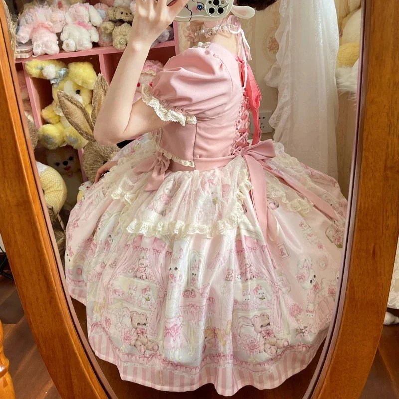 Roupeiro Lolita de Coelho Kawaii Vestido Lolita para Mulheres, Renda, Malha, Babados, Coelhinho Estampado, Vestidos de Princesa para Meninas, Doce, Festa do Chá, Bonito