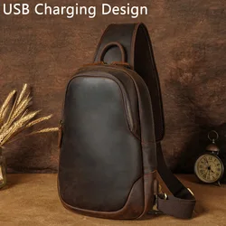 Bolso de pecho con carga USB para hombre, bolsa de hombro de cuero genuino para iPad, 12