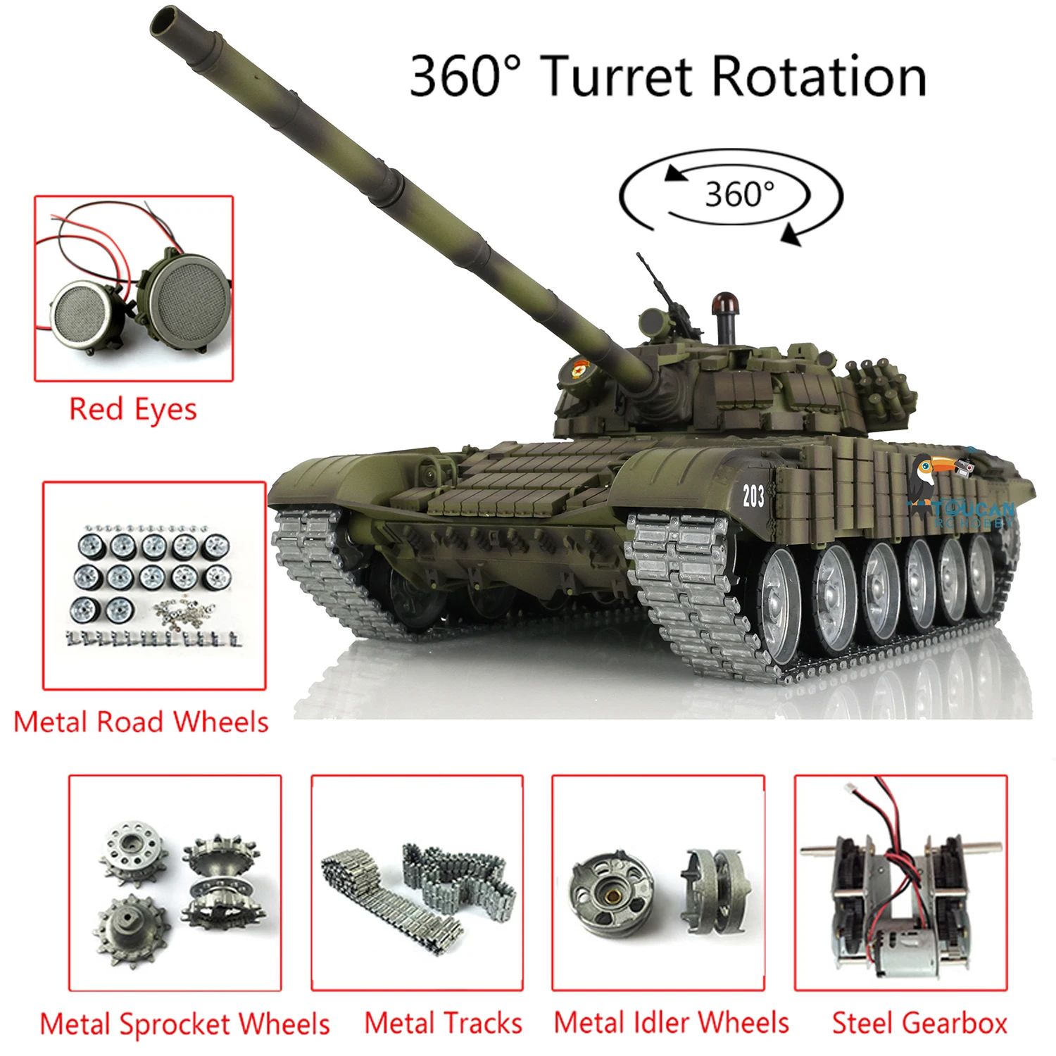 Pro ver heng lang 360 rc tank 7,0 ° revolver russland t72 metalls chienen rtr rote augen fernbedienung kampfpanzer th20576