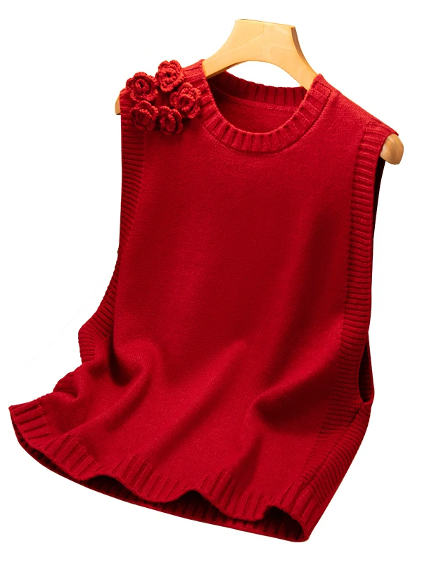 Red Knitted Camere Vest Women's Flower Decoration Layering Versatile Warm oulder Top round Ne Svel Commute Sle