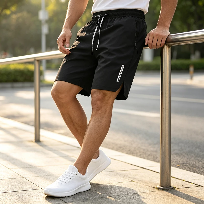 Men's Summer Loose Fit Stretch Athletic Shorts Quick Dry Running Shorts with Zip Pockets Drawstring Split Hem for Gym Daily Wear