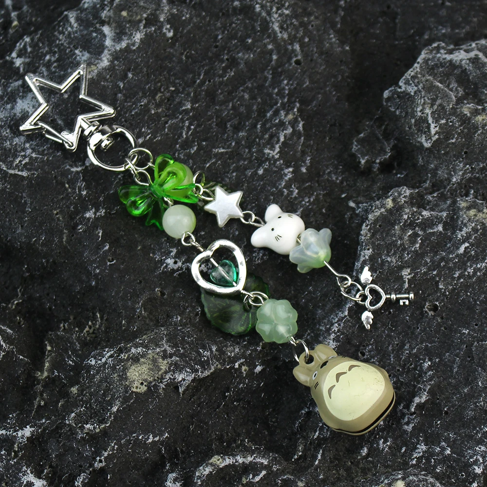 Handmade Cartoon Ceramics Cat Pendant Keychain Y2K Four Leaf Clover Beaded Backpack Charm Jewelry The Best Gift for Her