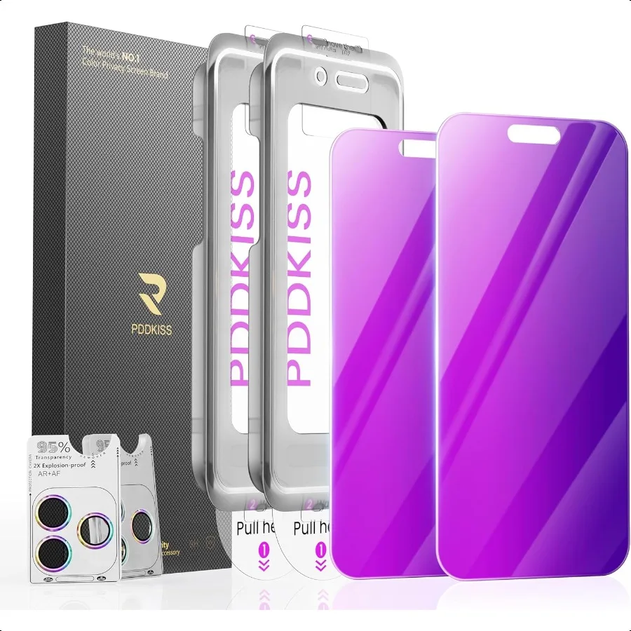 

2 упаковки защитной пленки для экрана iPhone 17 Pro Max 6,9 дюйма + 2 упаковки защитной пленки для объектива камеры фиолетового цвета с градиентом и защитой от шпионажа