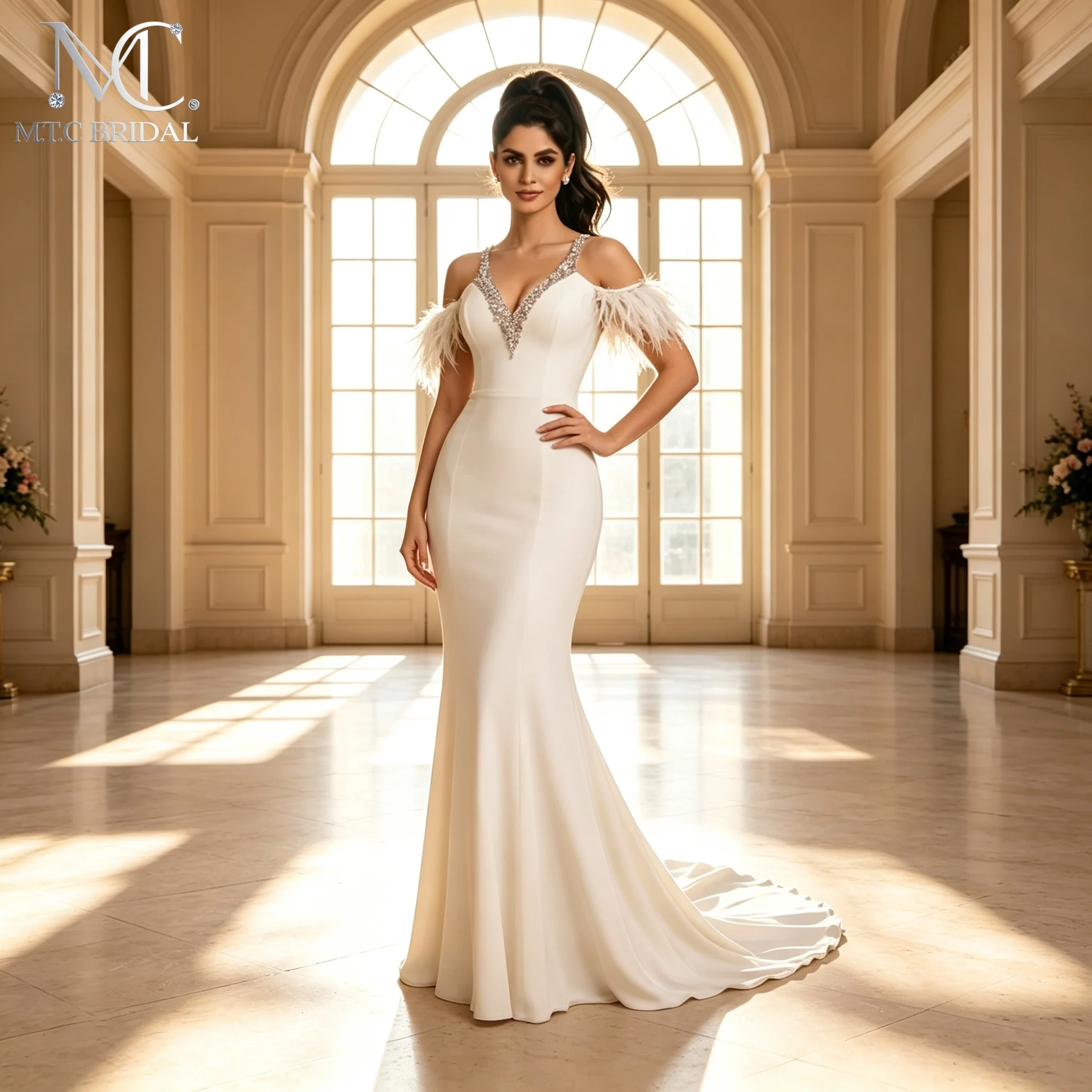 2026 Morden Mermaid Wedding Dresses With Feathers Lace Up Back Beading Satin Long Bridal Gowns For Wedding Vestido De Noiva