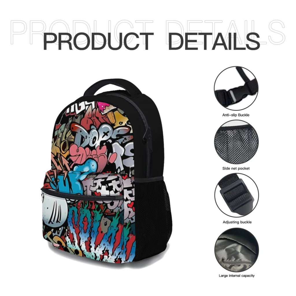 Synr 70s Retro Comic Graffiti Print Schoolbag For kids Large Capacity Student Backpack High School Student Backpack 17inch