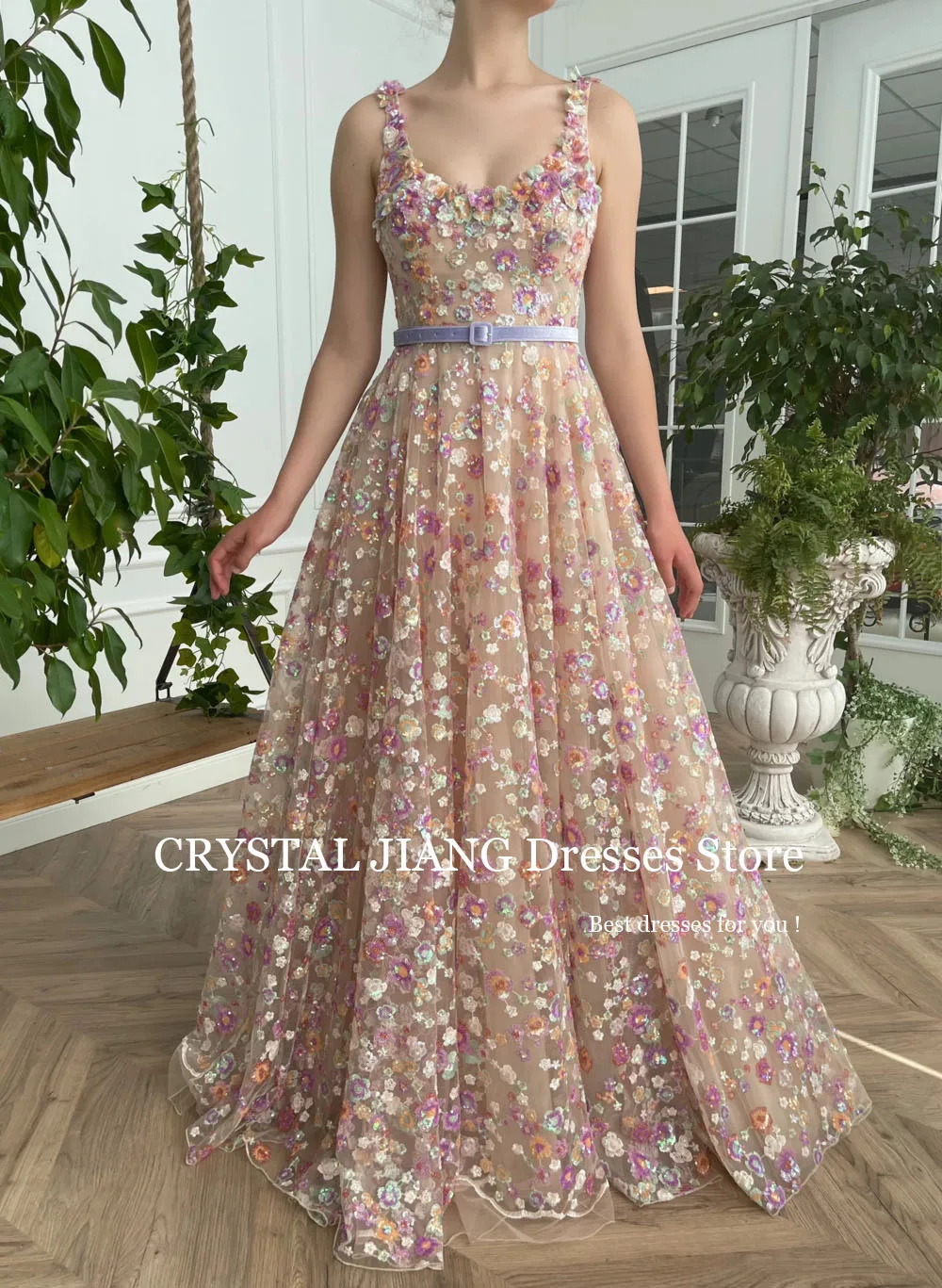 Long Prom Dresses Scoop Neck Sequins Tulle with Embroidered Flowers Sleeveless A Line Floor Length فساتين نسائيه سهره