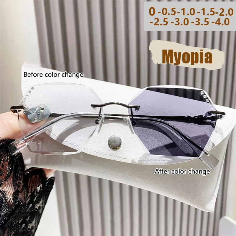 Photo-sensitive Color-changing Frameless Edge-cutting Point-drilled Anti-blue-light Large-frame Near-sighted Glasses 3318