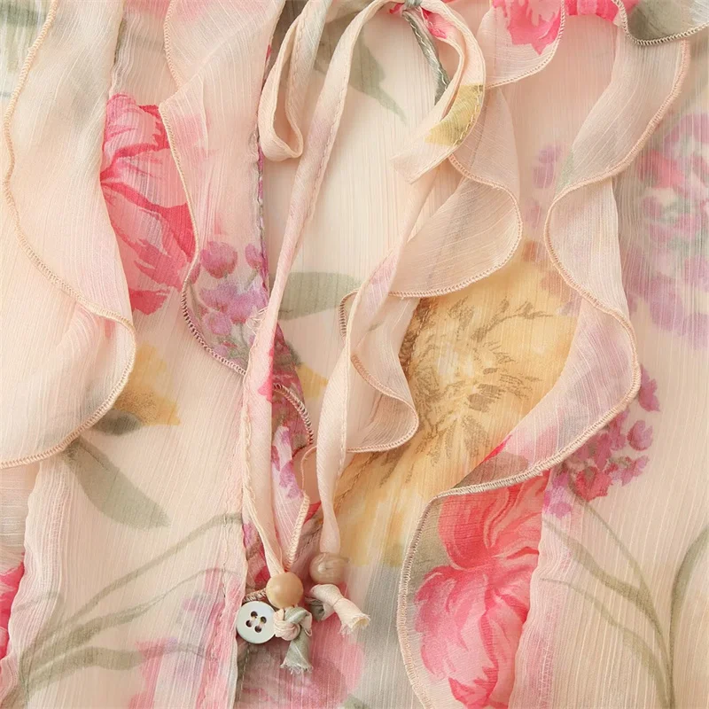 KEYANKETIAN 2025 صيف جديد المرأة الجولة الرقبة واحدة الصدر كشكش حافة الدانتيل يصل الأزهار طباعة قميص المرأة