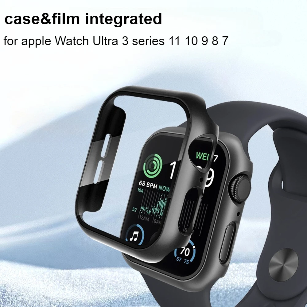 

Стеклянный экран и чехол для Apple Watch Series 11, 10, 9, 8, 7, 6, SE, 5, Ultra, 3, 2, 49 мм, 46 мм, 44 мм, 45 мм, 41 мм, защитный чехол от царапин, полная защита