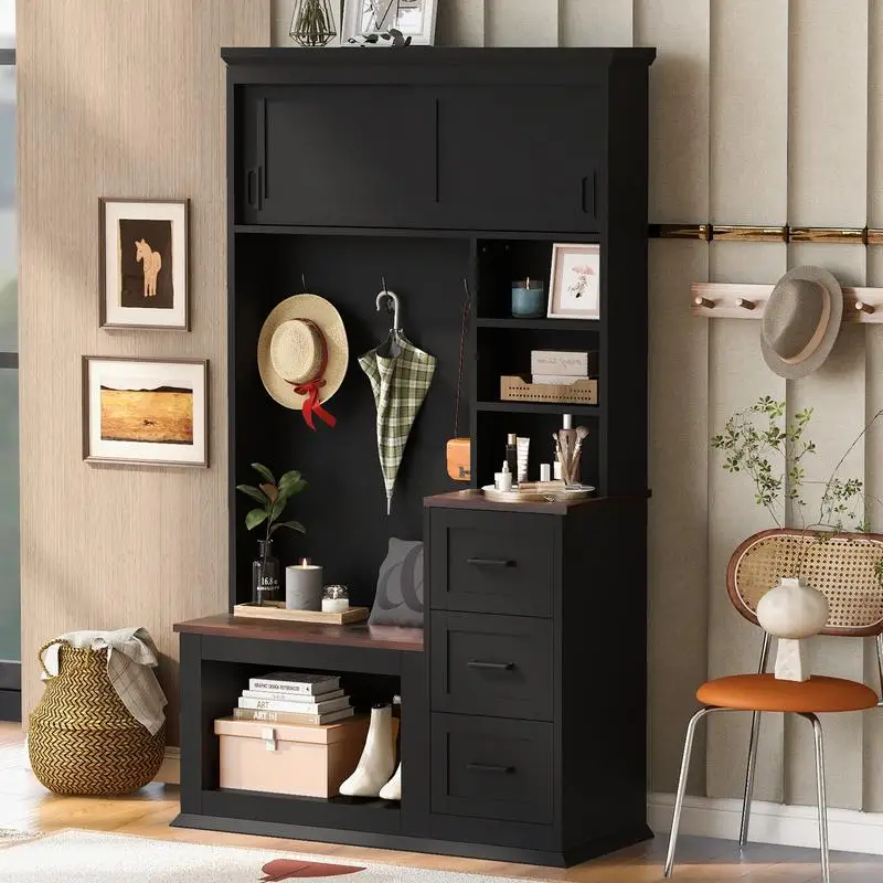 

Modern Entryway Bench with Coat Rack, Storage Bench with 3 Shelves, 3 Hooks, and Drawers, 40.2" Wide Hall Tree for Hallway and
