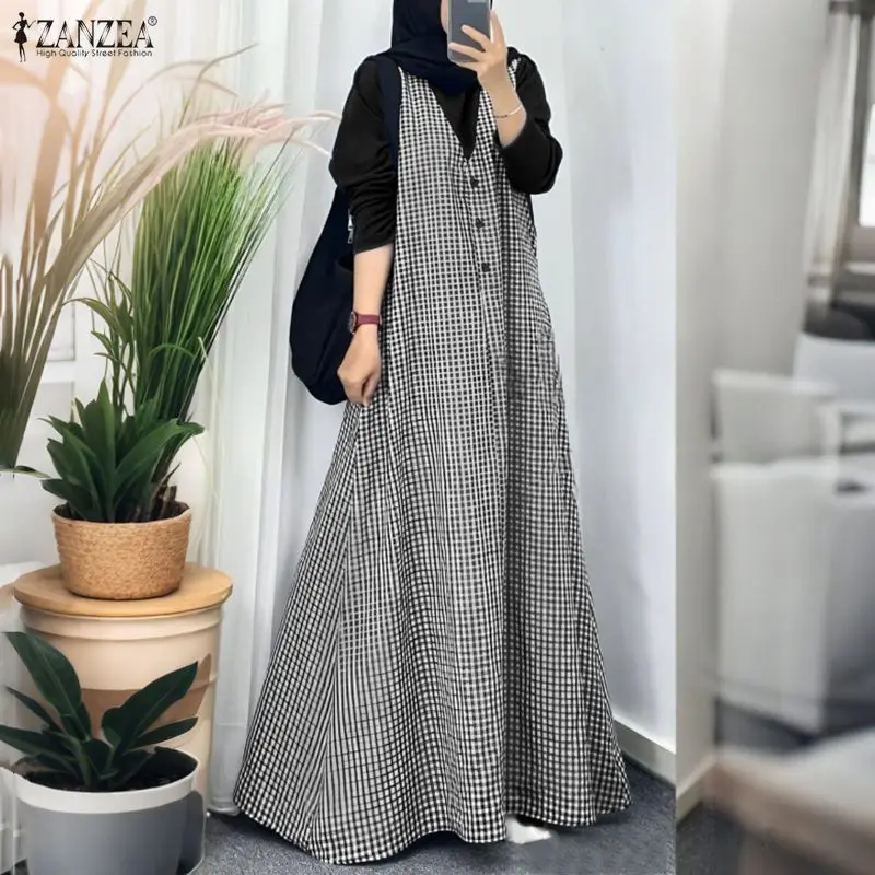 

2026 ZANZEA Fashion Women Long Sleeve Muslim Abaya Dress Ramadan Robe Hijab Sundress Spring Plaid Patchwork Dresses Loose Kaftan