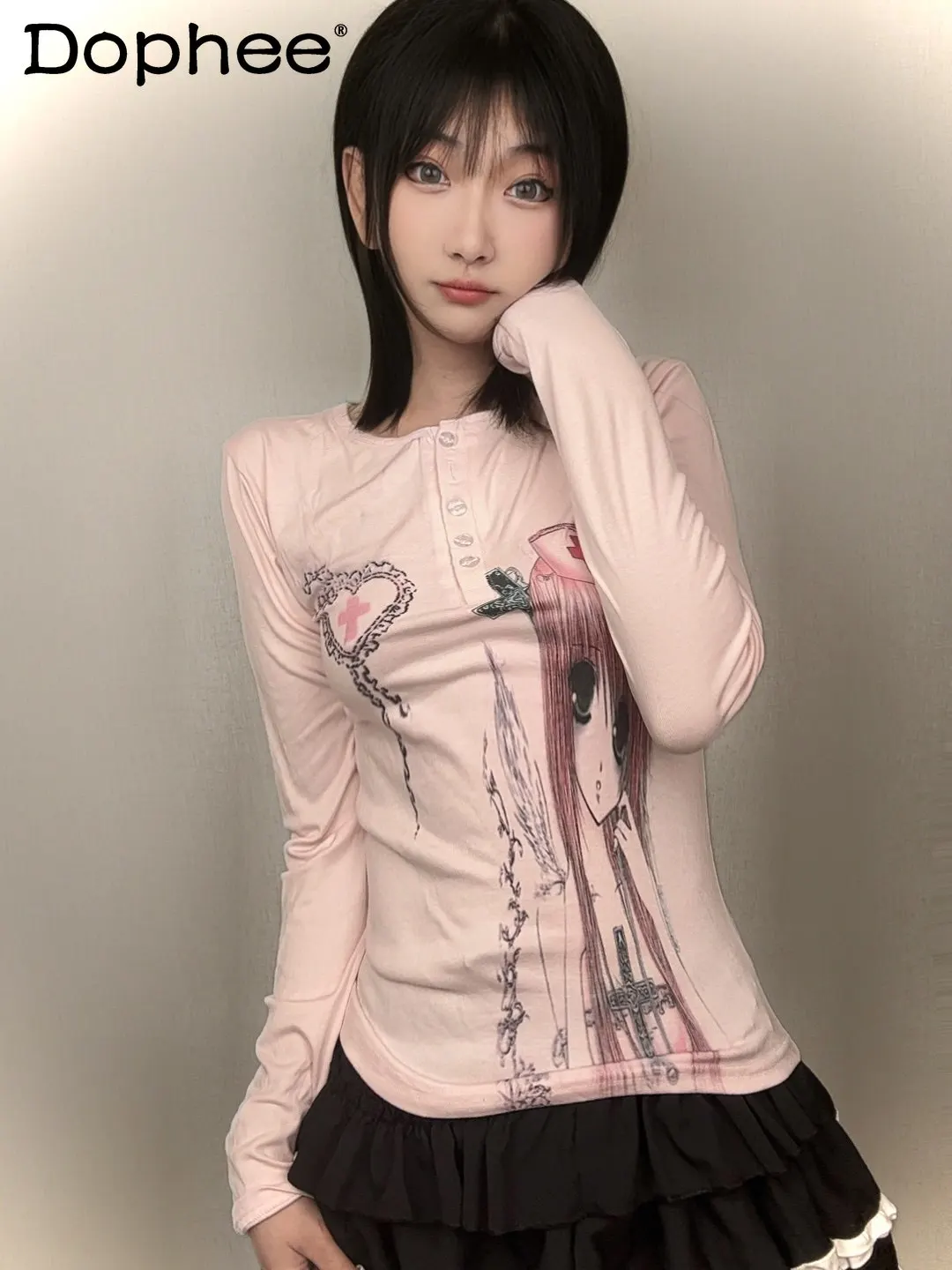 

Y2K Subculture Anime Print Pink Long Sleeve T-Shirt Japanese Original Sweet Cool Girl Round Neck Top 2026 Spring New