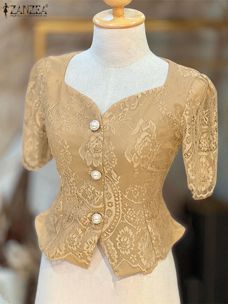 

ZANZEA Women Lace Shirts Summer Square Collar Tunic Tops 2025 Fashion Short Sleeve Elegant Office Lady Blouse Buttons OL Blusas