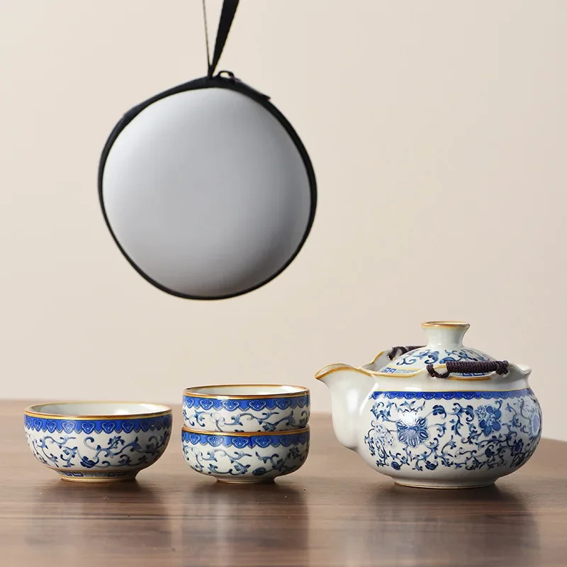 Blue and White Beige Ru Kiln Travel Tea Set One Pot and Three Cups Outdoor Portable Ceramic Retro Teapottea Sets Complete Setmat