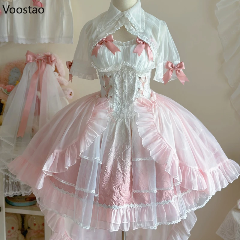 Japanese Vintage Sweet Lolita Dress Women Elegant Cute Bow Bandage Princess Party Mini Dresses Girls Kawaii Flower Wedding Dress