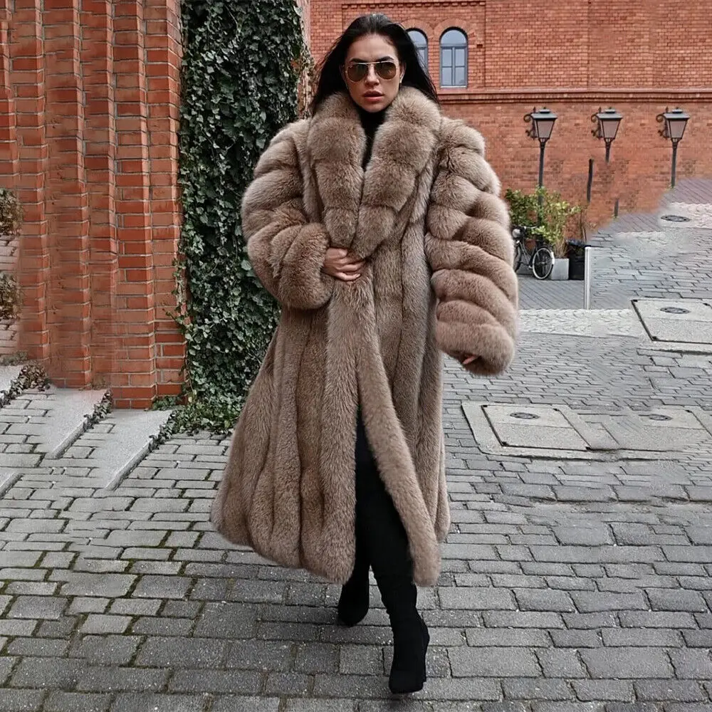 Luxury Women Real Fox Fur Long Coat Winter Thick Natural Fox Fur Jacket Fashion Elegant Lapel Warm Real Fur Overcoat