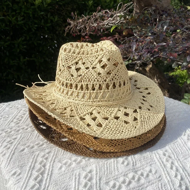 Straw Hat for Women Men Summer Handmade Classic Vintage Hollow Out  Western Curled Wide Brim Sun Hat Fishing Hat Climbing Cap