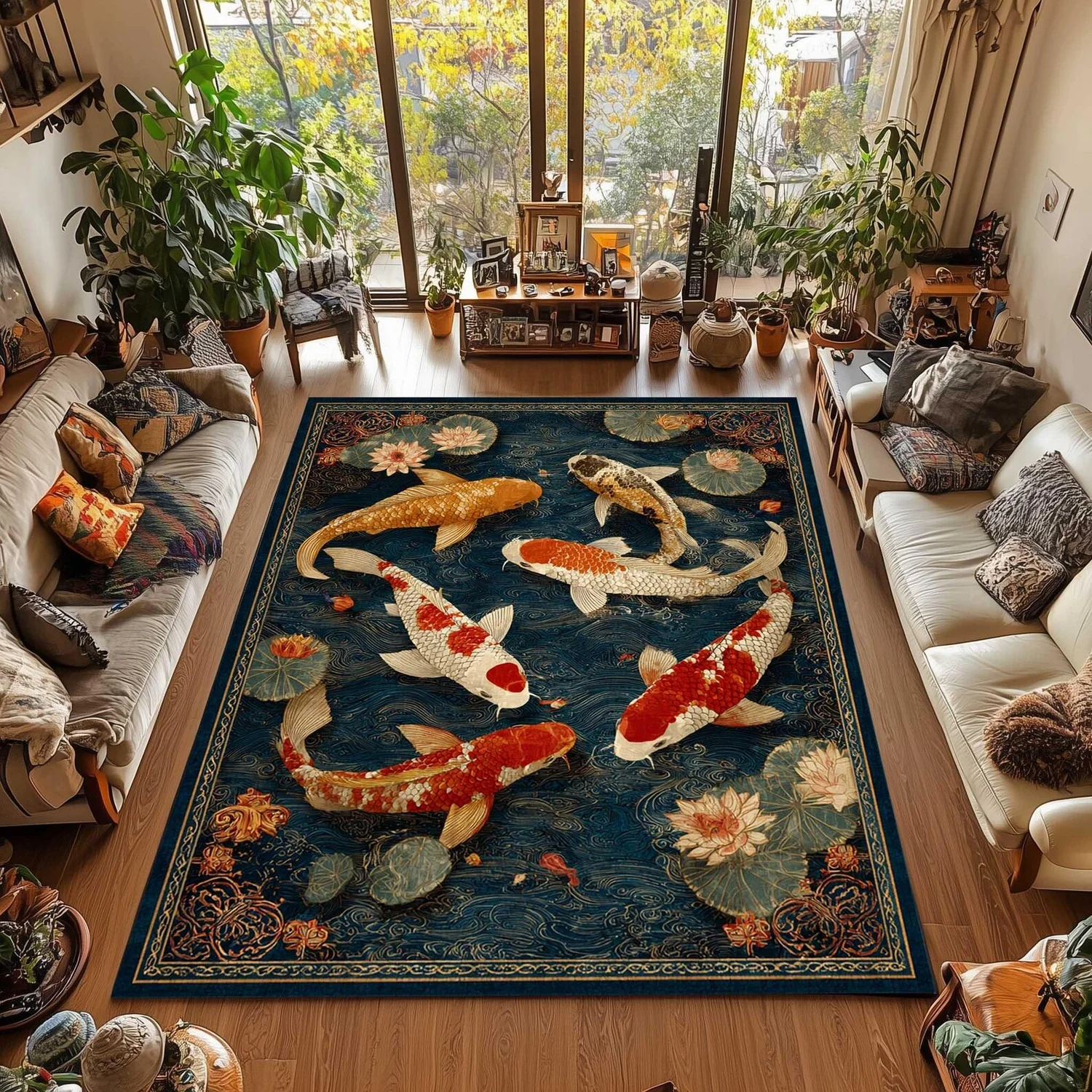 Koi Fish Carpet, Lotus Pond Carpet, Zen Water Feature Garden Carpet, Oriental Minimalist Home Decor.