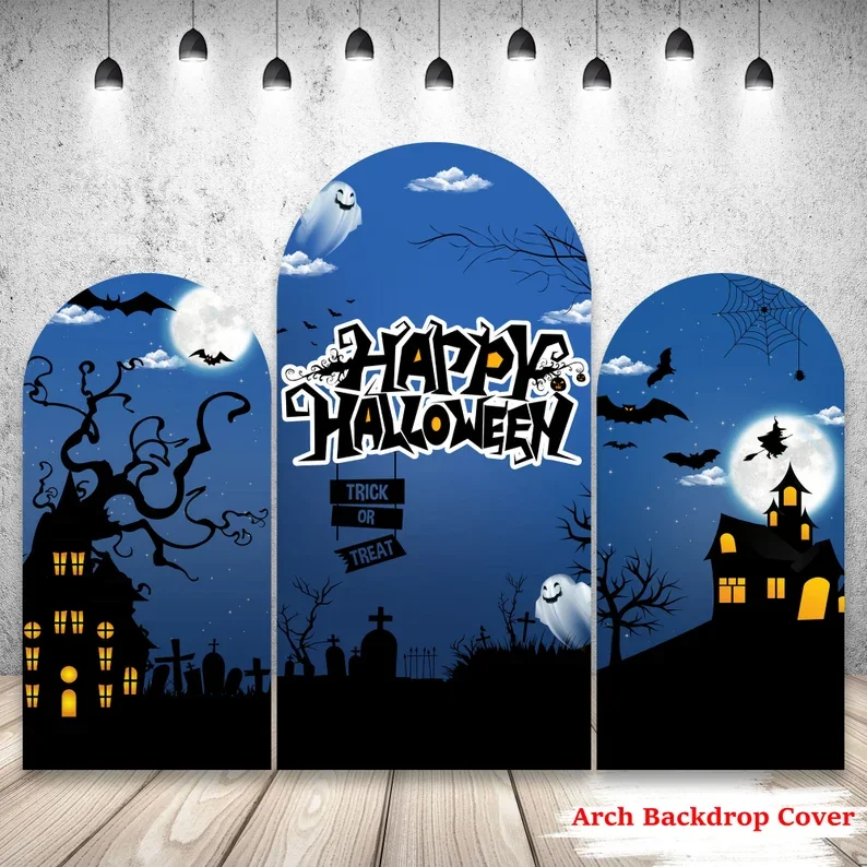 Mehofond Halloween Horror Castle Arch Cover Trick or Treat Backdrop Nightmare Before Christmas Full Moon Bat Decor Photo Studio