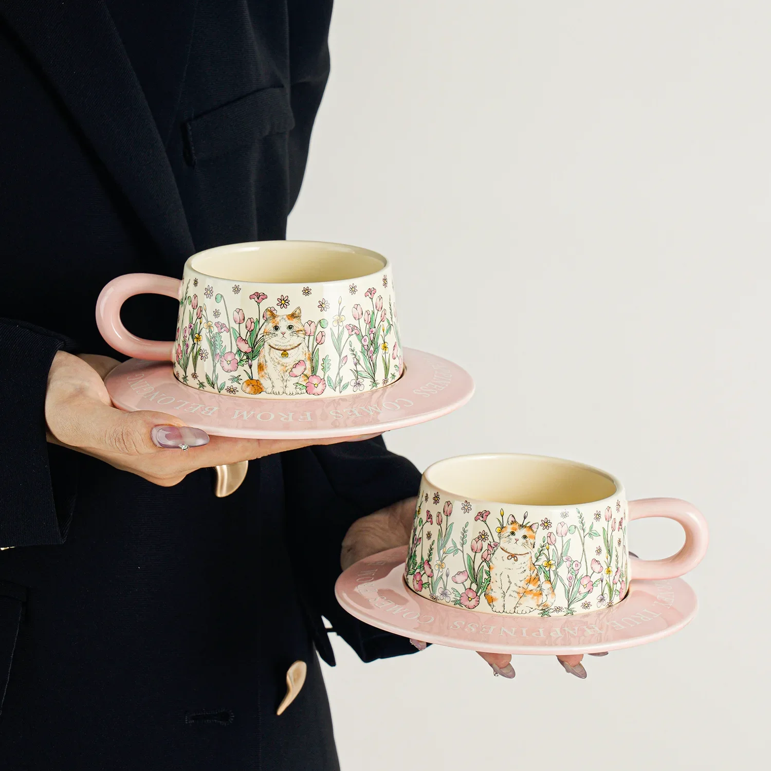 Retro oil painting-like ceramic coffee cup and saucer set, latte cup gift box for girls