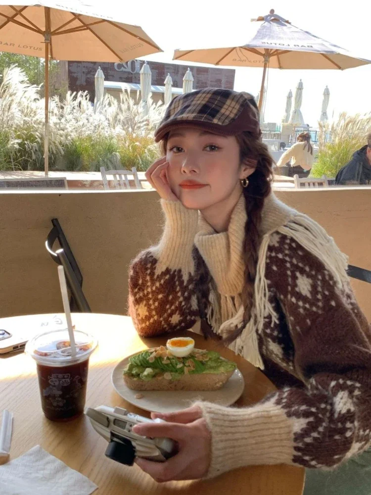 Contrastสีเสื้อถักVINTAGEหลวมGrungeคอPullovers Y2k Aesthetic Chicพู่จัมเปอร์ใหม่แฟชั่นสบายๆเสื้อกันหนาว