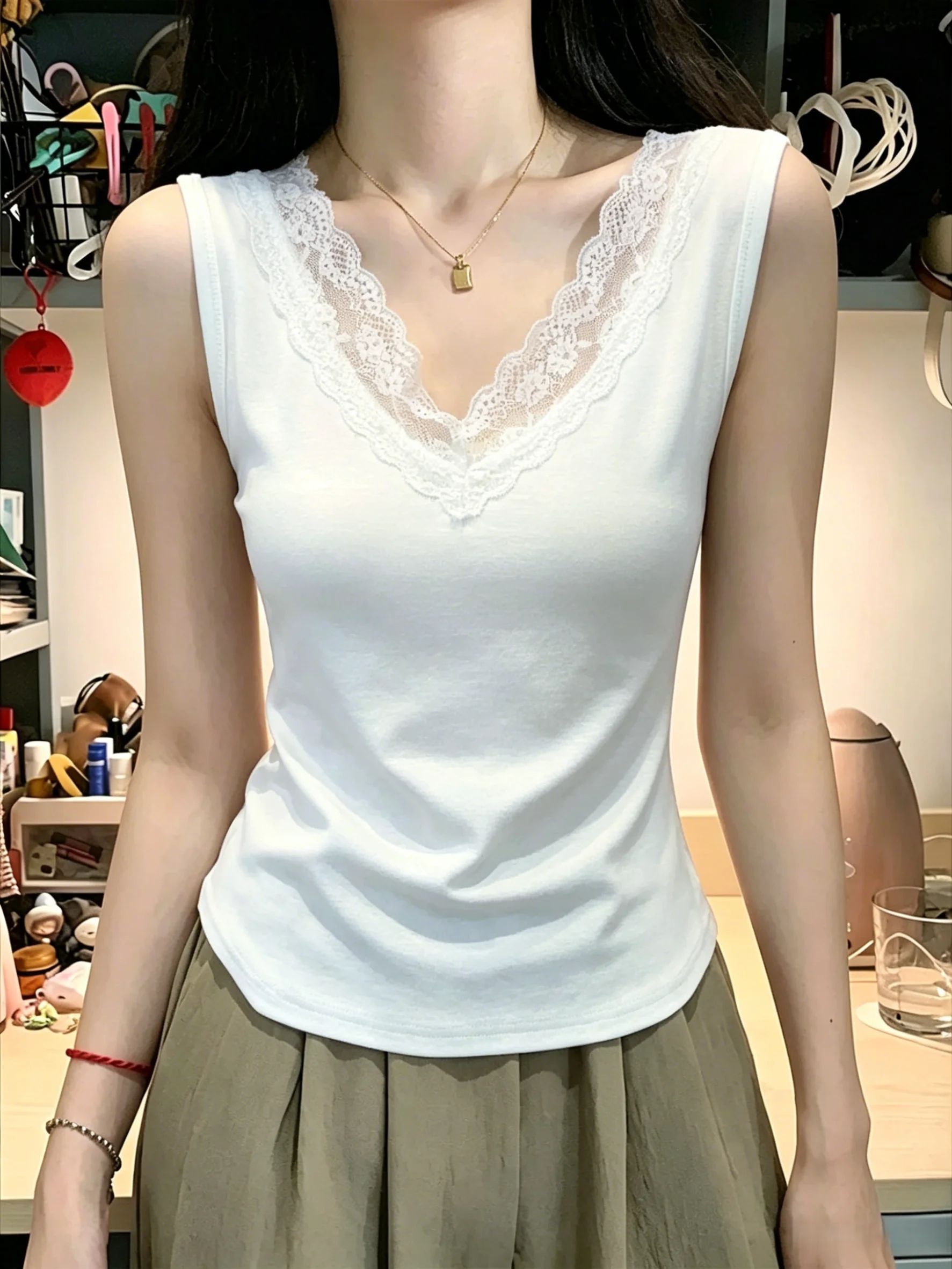Women's Lace V-neck Strap Vest 95% Cotton Sleeveless Summer New Style plus Size Inner Wear Outer Wear Slim Fit Top