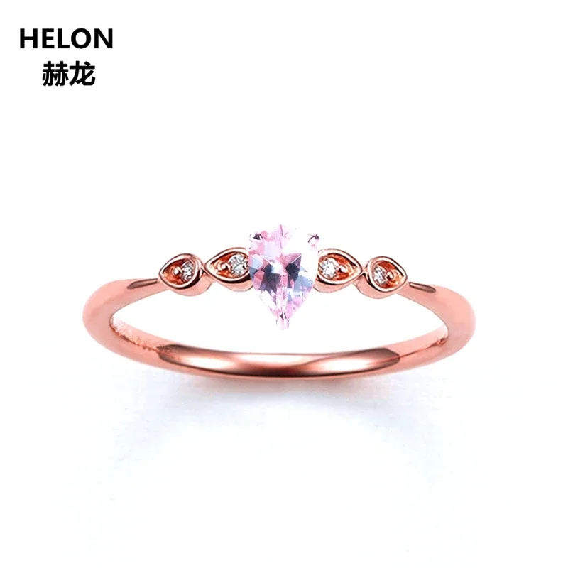 Solid 14k Rose Gold Natural Diamonds Engagement Ring Women Wedding Band 4x6mm Pear Natural Morganite