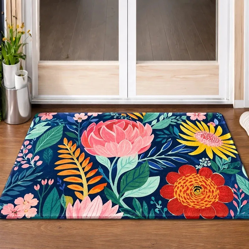Dark Navy Exotic Floral Doormat Large Peony Mixed Bloom Leaf Print Floor Mat Vivid Botanical Rug for Indoor Front Door Home Use