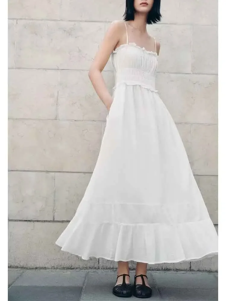 

European style new women's fashion versatile temperament solid color fluffy tulle midi suspender dress