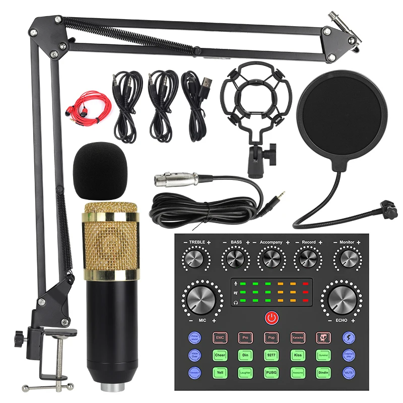 Likheung Microphone Kit Professional Sound Card Microphone Mic Arm Bracket Set V8S Live Soundcard BM800 Condenser Microphone