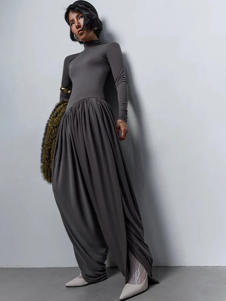 JULISSA MO Rollkragen Langarm Geraffte Frauen Overall Kaffee Patchwork Breite Bein Hohe Taille Herbst Lose Elegante Party Clubwear