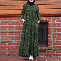 Women Dress Eid Muslim Abayas O Neck Print Dubai Abaya Long Robe Zippers Loose Ramadan Morocco Patchwork Casual Pleated Pockets