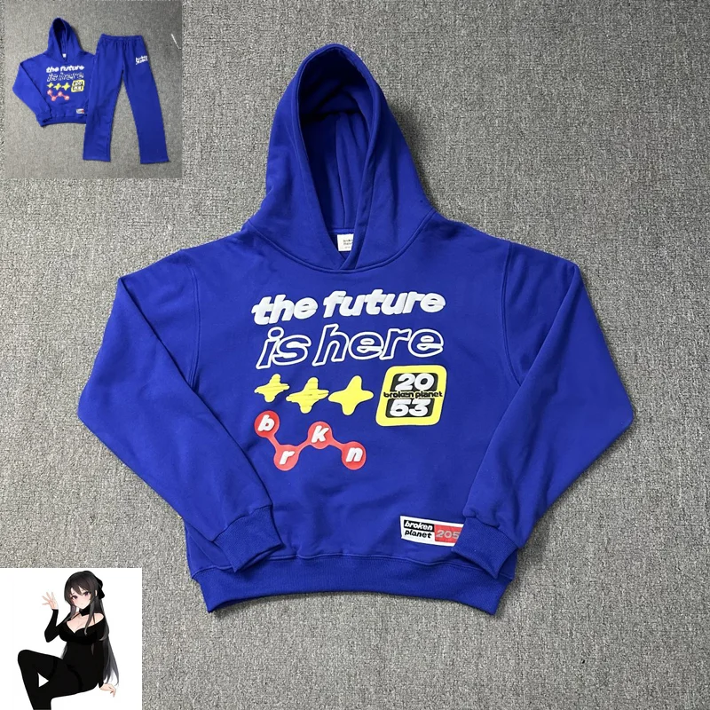 

The Future Is Here Foam Logo Broken Planet Fleece Hoodie Men Women Unisex Pants Suit Couple Blue Sweatshirts Pullover