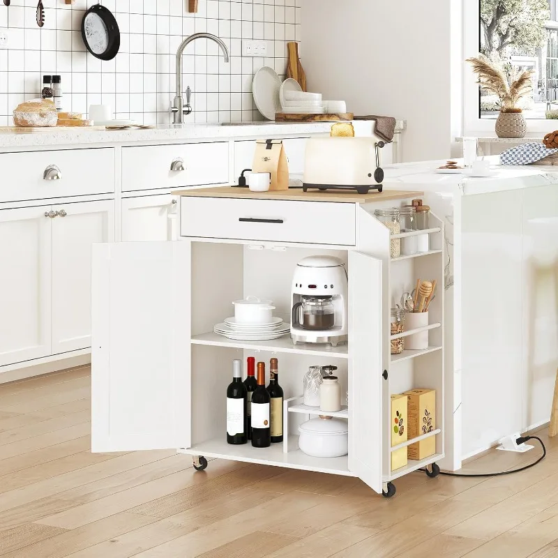 Kitchen Island with Power Outlet, Storage Spice Rack and Drawer, Rolling Cart on Wheels, for Home, Dining Room, White Natural