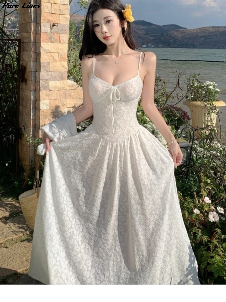 

Summer French Waist-Cinching Floral A-line Long Dress Women Spaghetti Strap Lace Beach Outfits Elegant Evening Party Clothing