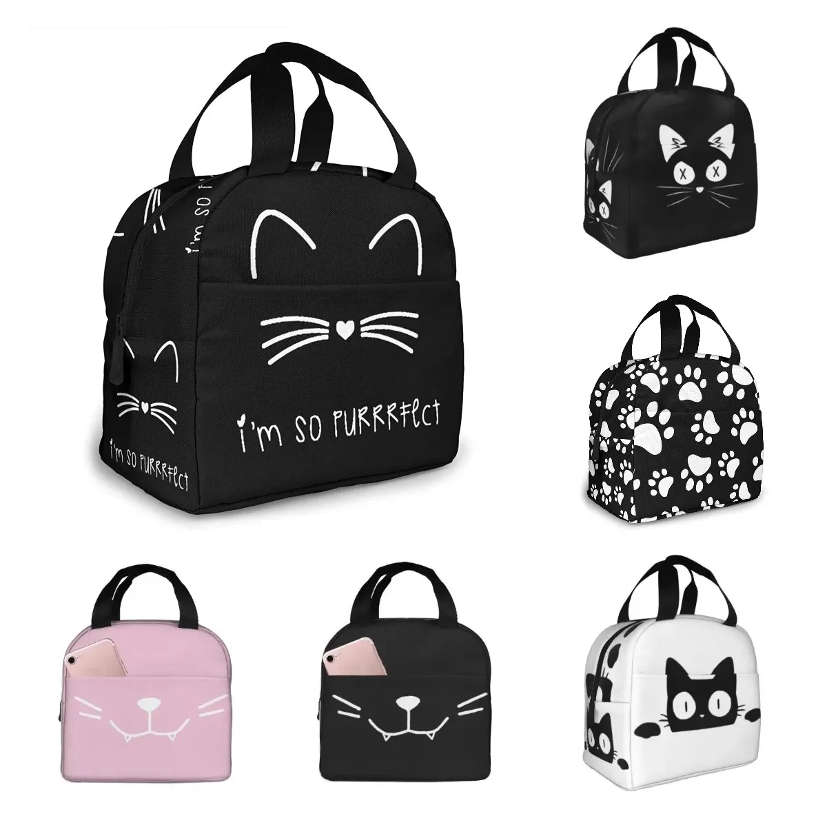 Zwarte Kat Lunch Tas Voor Vrouwen Geïsoleerde Lunchbox Met Voorvak Voor Werk Herbruikbare Cooler Tote Tas Voor Kantoor school Picknick