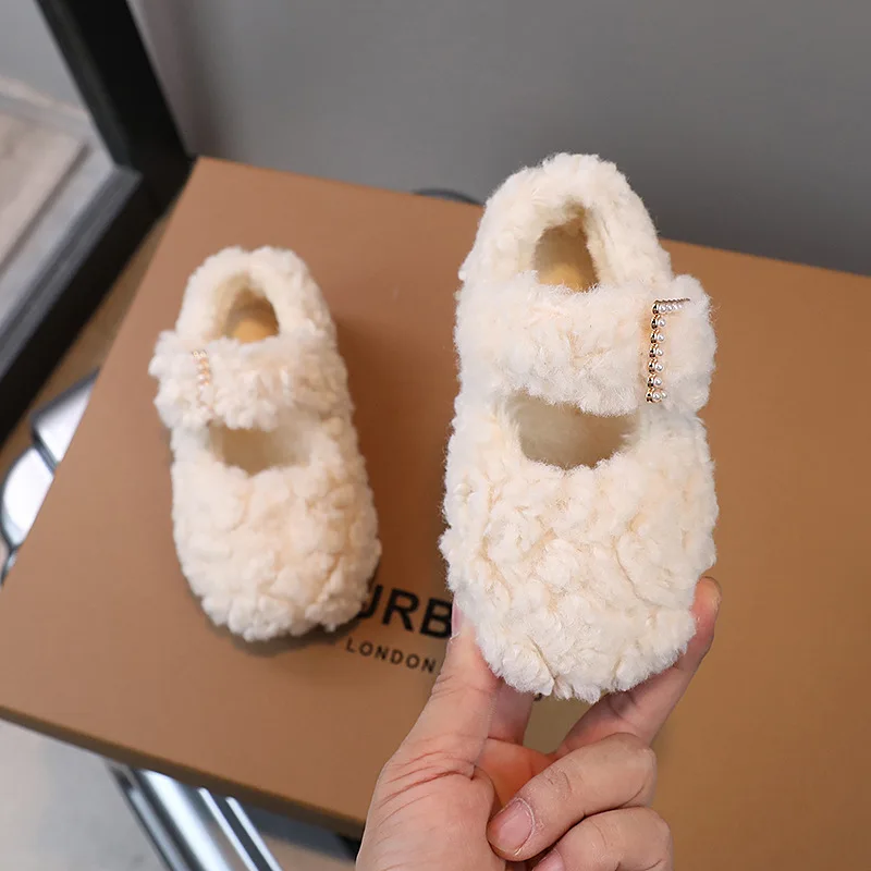 Neonate Fuzzy Flats Shoes Kids Outdoor Warm Shoes Patchwork Color 2023 Korea Style Single Shoes Soft Sole Shallow Fur Flats