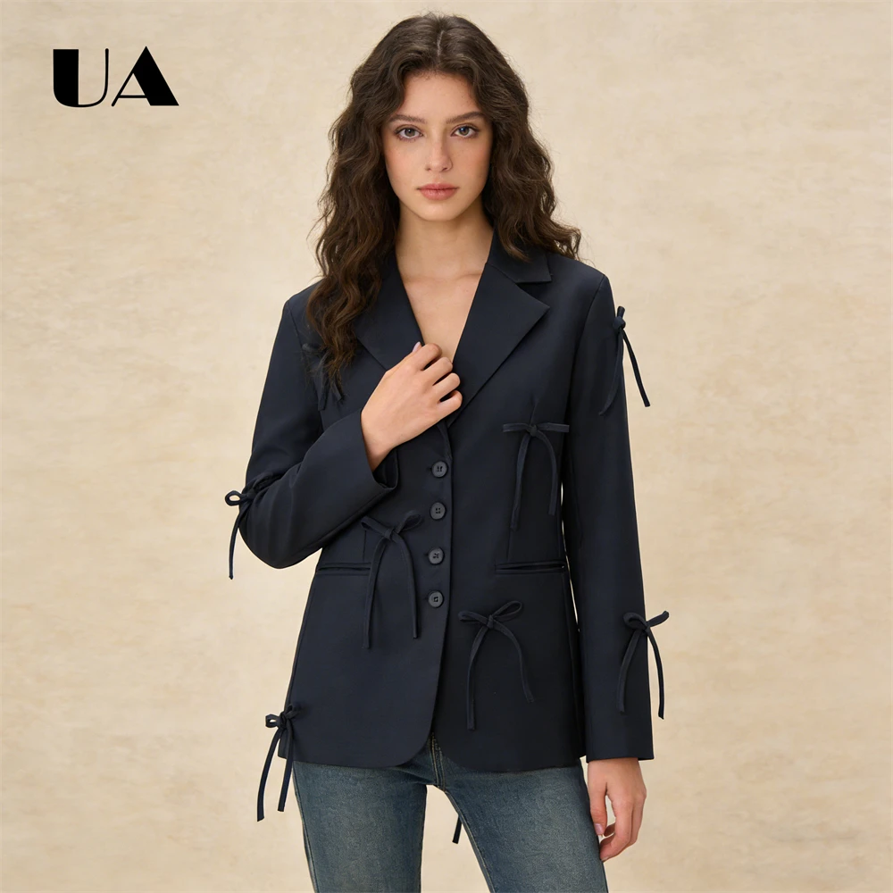 Women's Navy Blue Blazer with Bow Tie Details Long-Sleeve Single-Breasted Lapel Jacket Chic Casual Party Fashion Unique Design